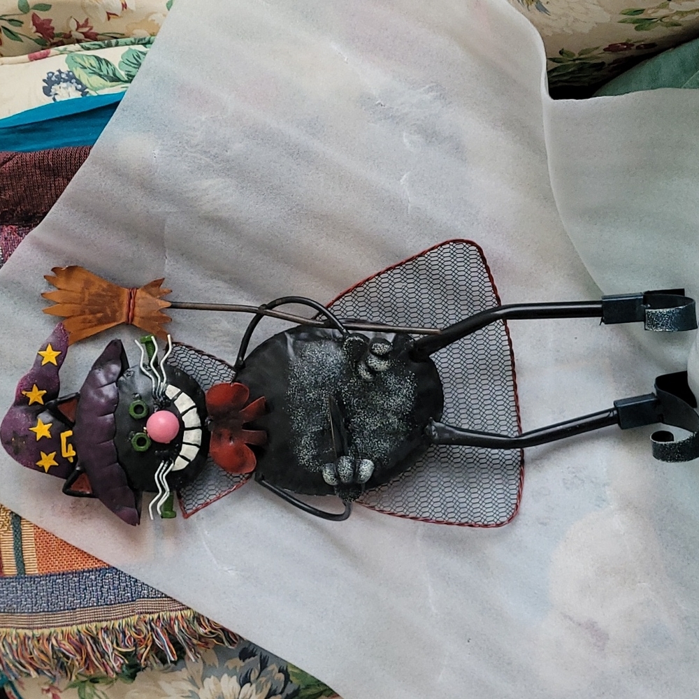 Halloween metal sculptured kitty, decked out in witch's outfit, w/ candle holder